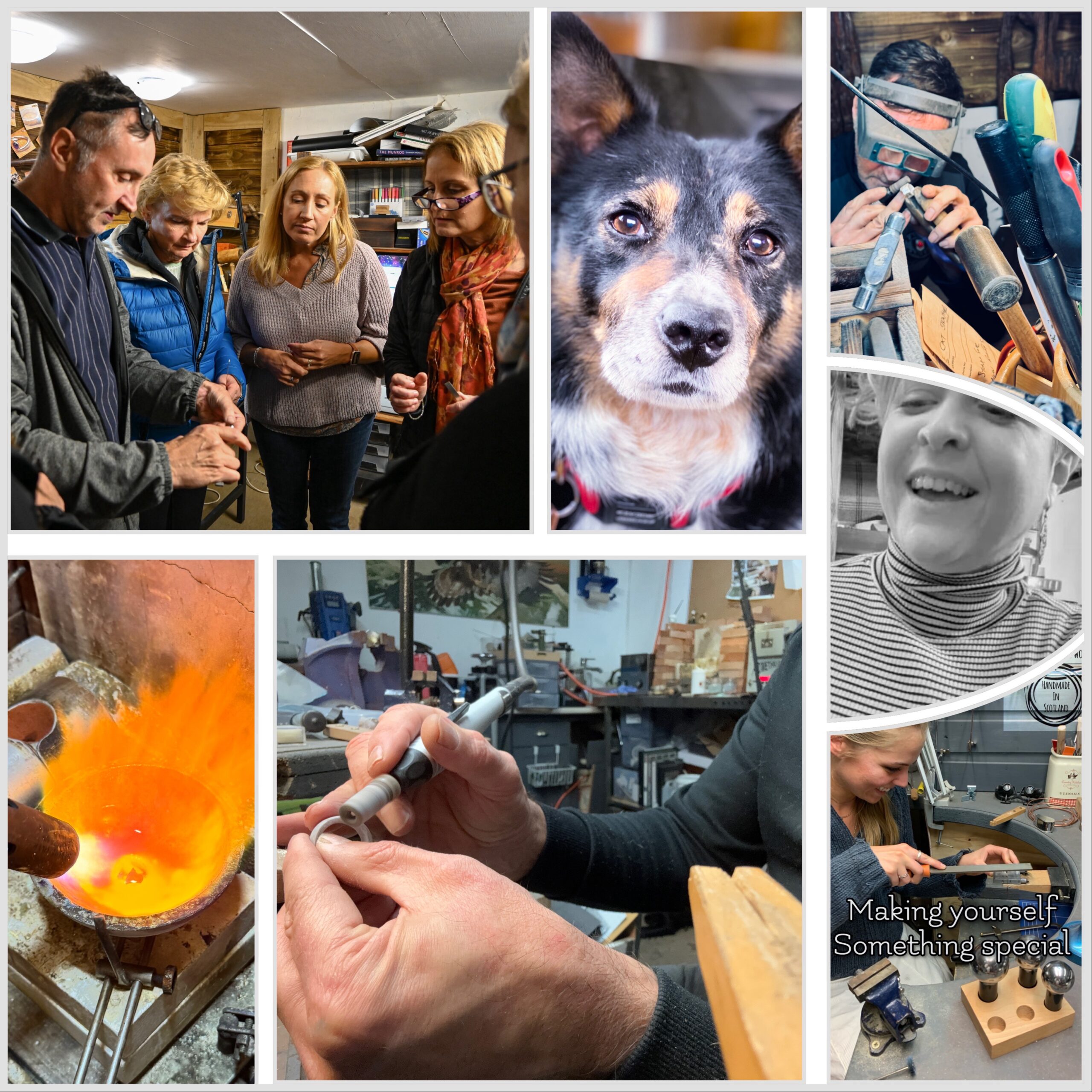 Participants crafting silver rings during a jewellery workshop in the Scottish Highlands,